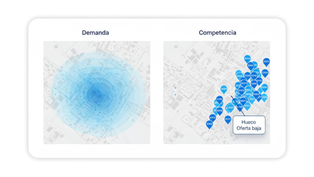 Mapa de demanda y competencia con hueco detectado en la zona