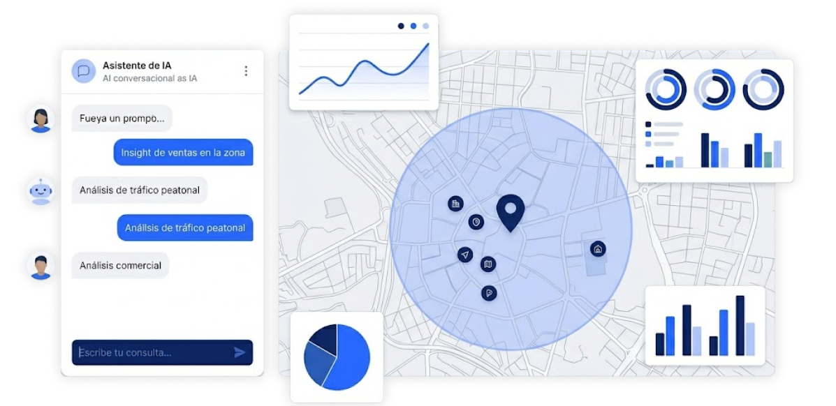 Interfaz de análisis de ubicación con IA, mapa y datos geoespaciales de contexto.
